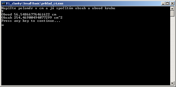 Obsah a obvod kruhu ve Small Basicu - SmallBasic