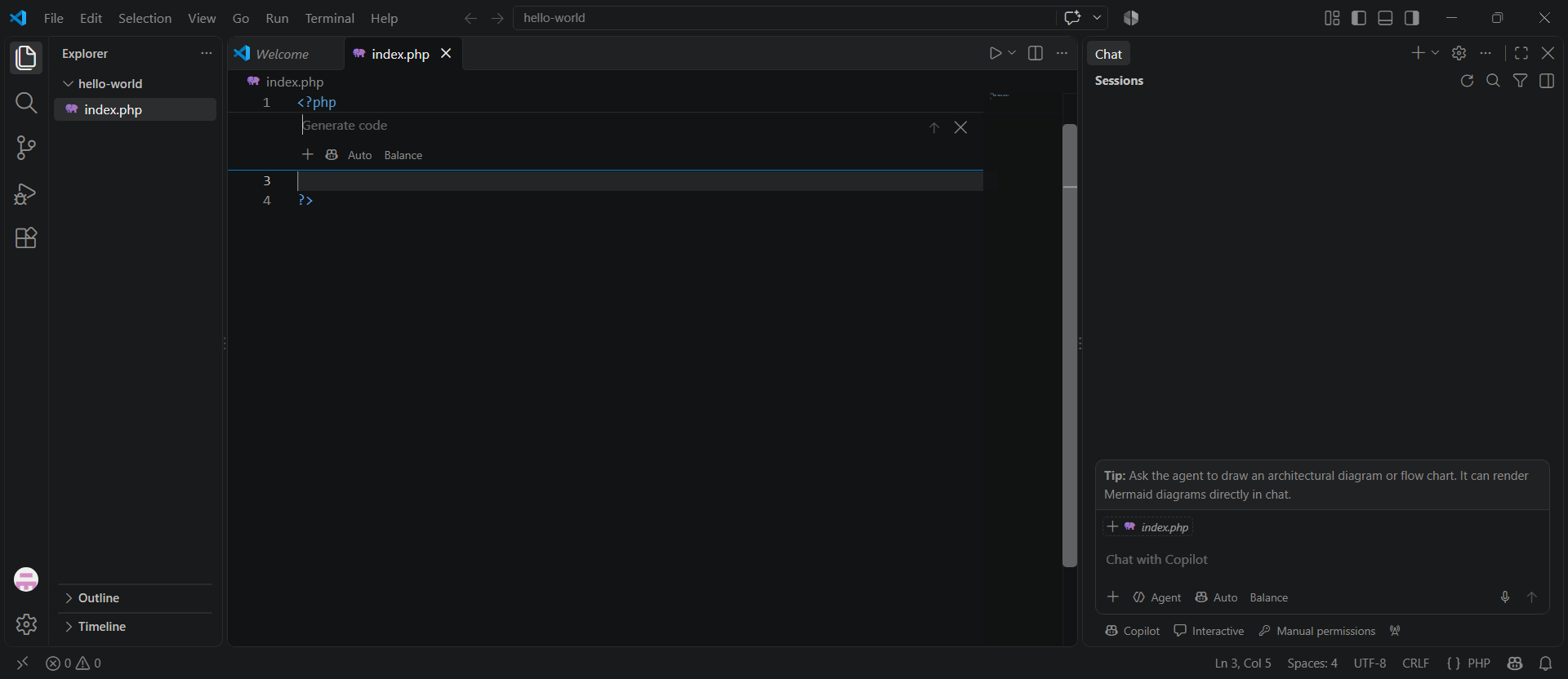 Inline chatovací okno v GitHub Copilotu - Základní konstrukce jazyka PHP