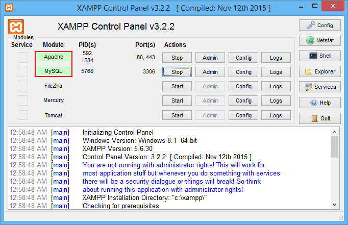 Ovládací panel XAMPPu - Základní konstrukce jazyka PHP
