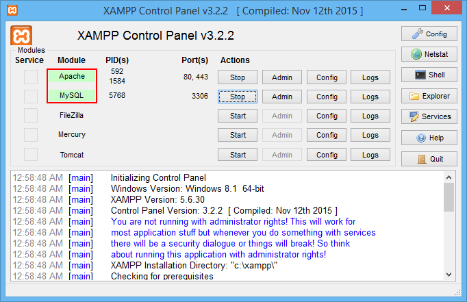 Ovládací panel balíčku XAMPP - Základní konstrukce jazyka PHP