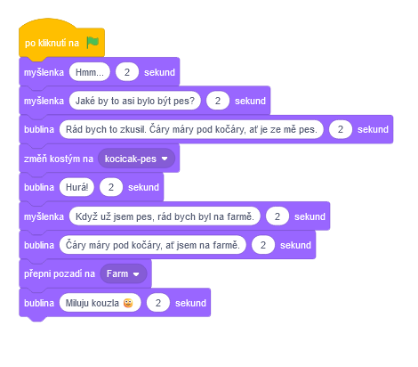 Kód kočičáka se změnou pozadí - Scratch