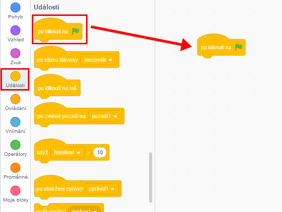 Použití bloku po kliknutí na + vlaječka - Scratch