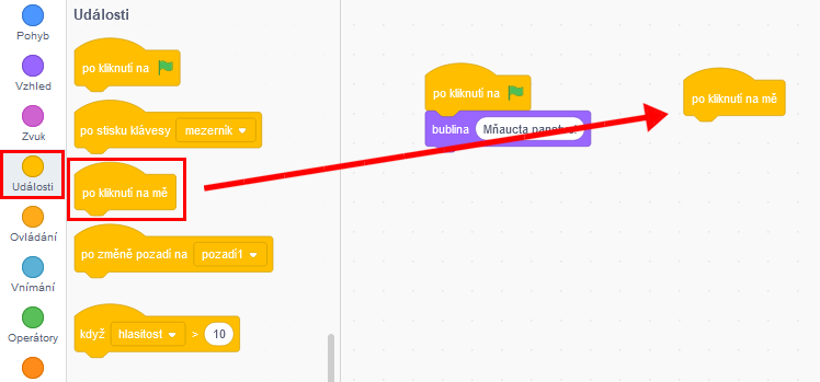 Použití bloku po kliknutí na mě - Scratch