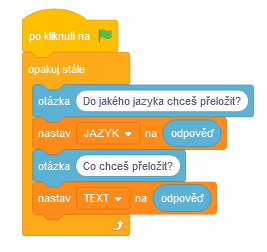 Otázky v překladatelském programu - Scratch