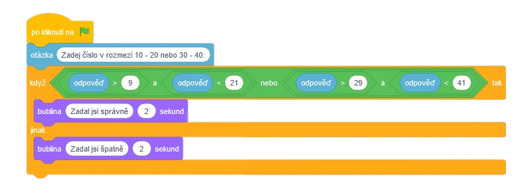 Kód programu na zadání čísla ve dvou rozmezích - Scratch
