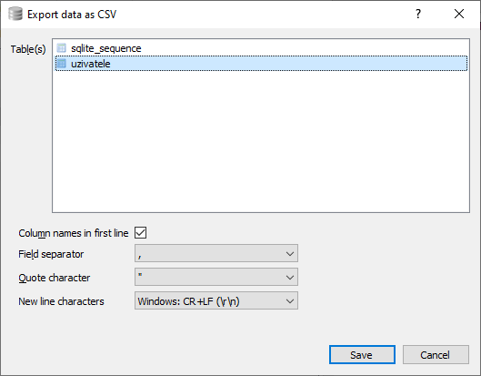Možnosti při exportu do CSV souboru - SQLite databáze krok za krokem