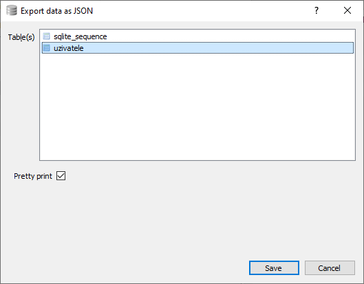 Možnosti při exportu do JSON souboru - SQLite databáze krok za krokem