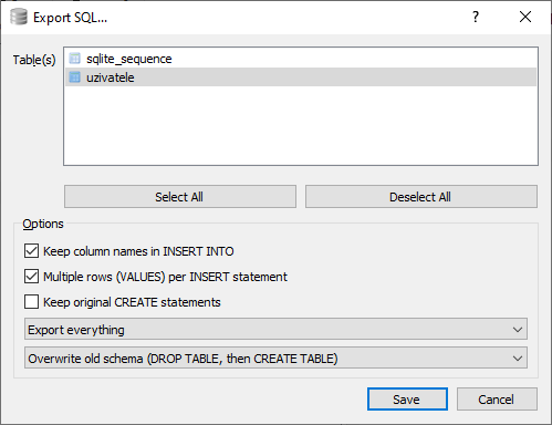 Nabídka při exportu do SQL souboru - SQLite databáze krok za krokem