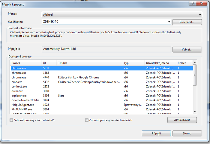 Pripojení k procesu - Programování služeb ve Windows
