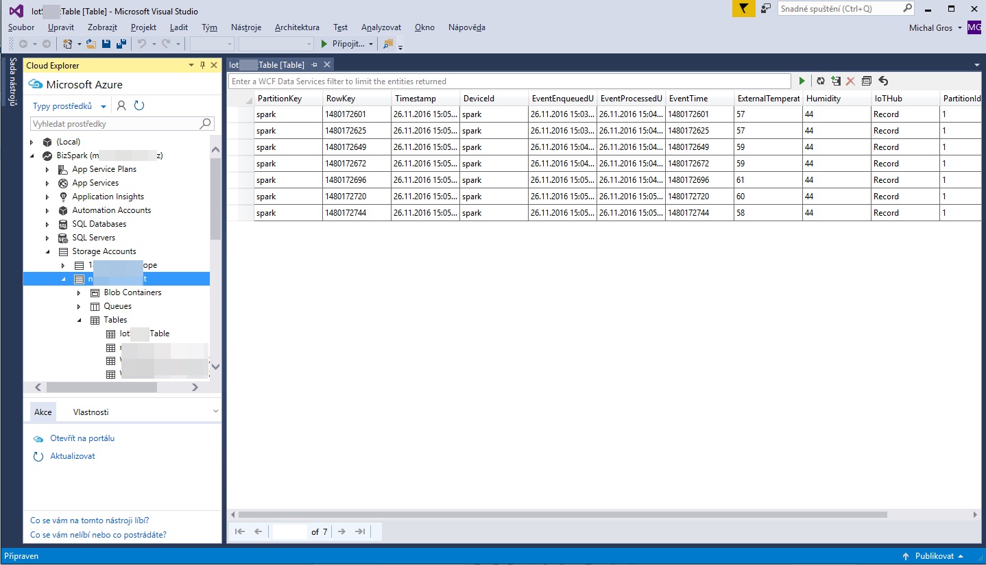 Table Storage in Visual Studio - Microsoft Azure a IoT