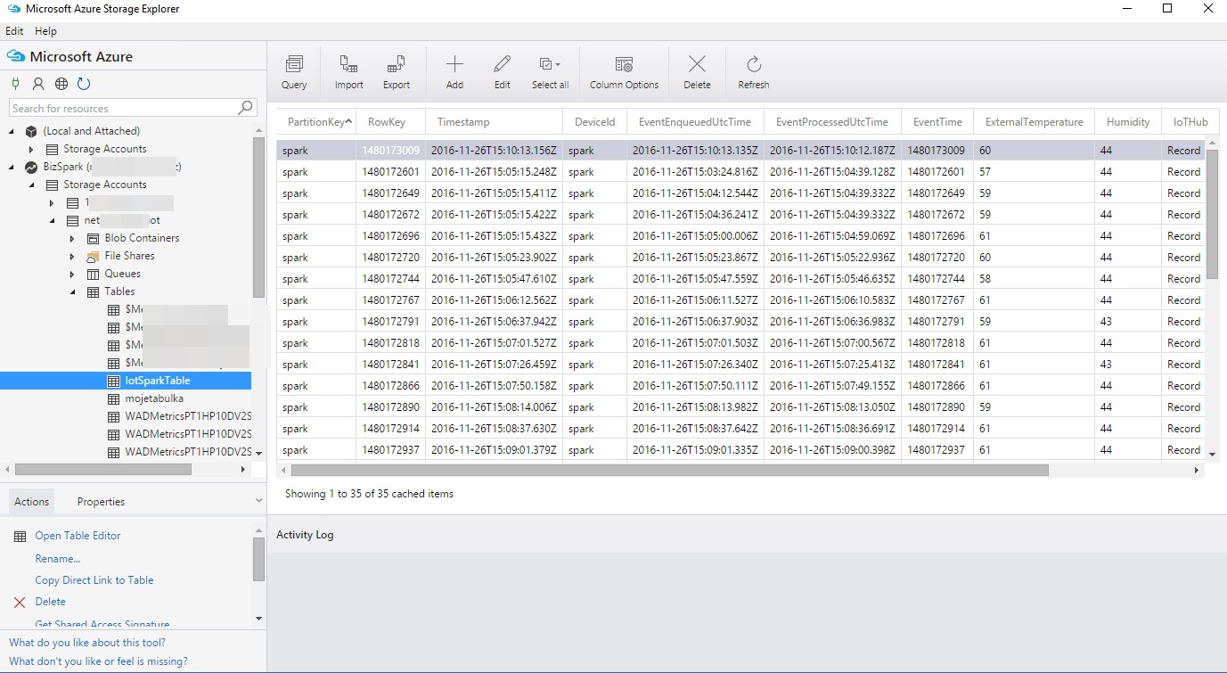 Table Storage in storageexplorer - Microsoft Azure a IoT