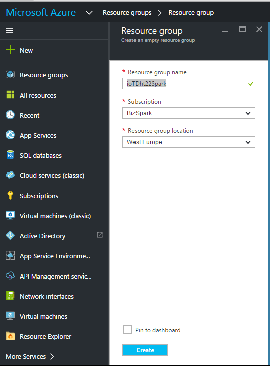 Add resource Group AZURE - Microsoft Azure a IoT