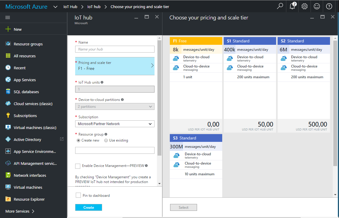 IoT hub select Tier - Microsoft Azure a IoT