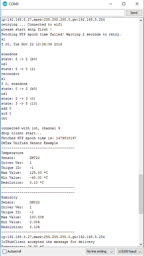 IDE console test fungování komunikace - Microsoft Azure a IoT