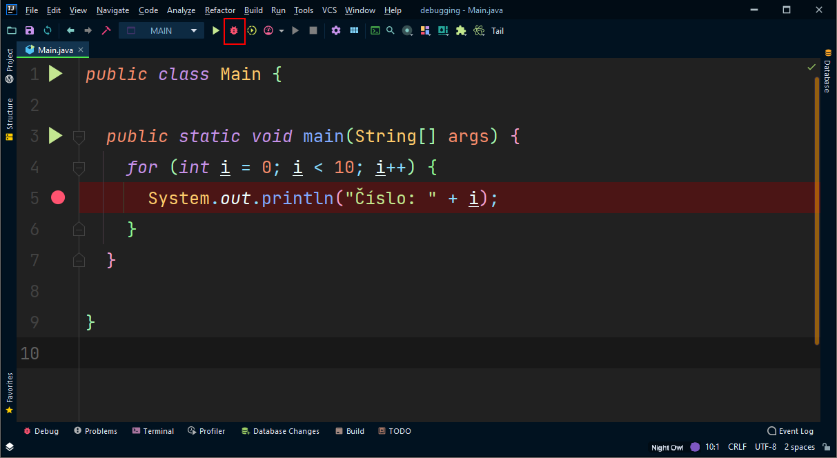 Tlačítko pro debug - IntelliJ IDEA / NetBeans / Eclipse - Pokročilá práce