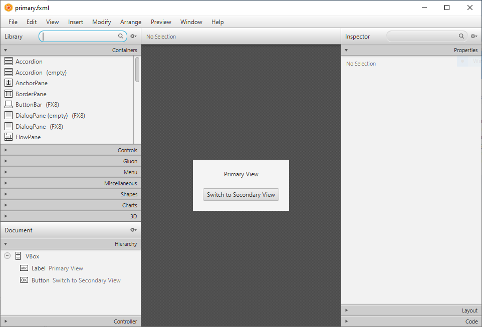Soubor primary.fxml otevřený v Scene Builderu - Java FX - Okenní aplikace