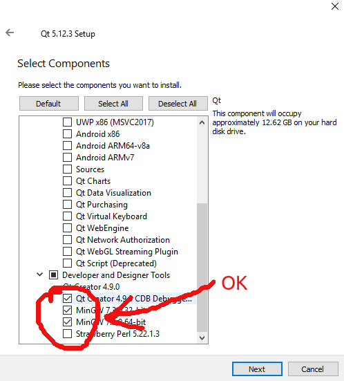 Výběr developer tools v instalaci Qt pro C++ - Qt - Okenní/formulářové aplikace v C++