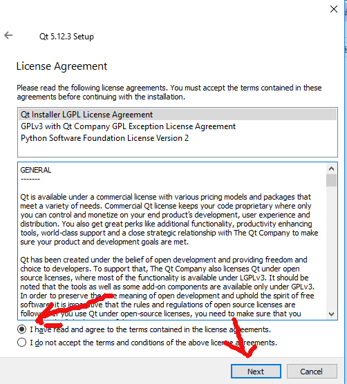 Souhlas s licencí při instalaci Qt frameworku pro C++ - Qt - Okenní/formulářové aplikace v C++