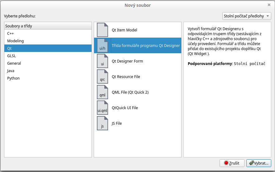 Založení nové třídy formuláře Qt designer