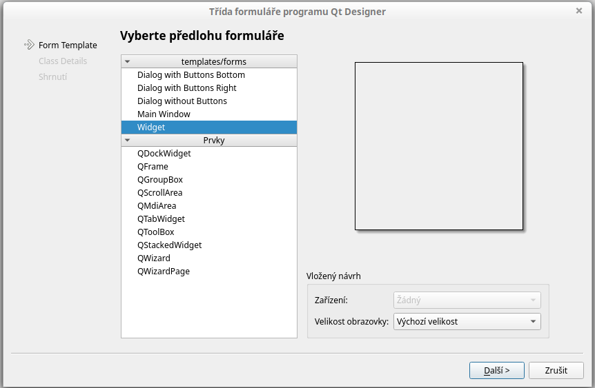 Volba formuláře typu Qt widget