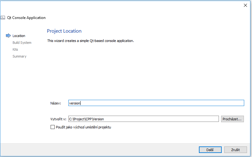 Název a lokace Qt konzolového projektu - Qt - Okenní/formulářové aplikace v C++