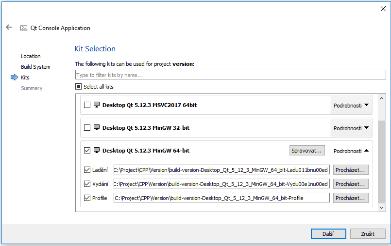 Výběr sady pro konzolový Qt projekt - Qt - Okenní/formulářové aplikace v C++