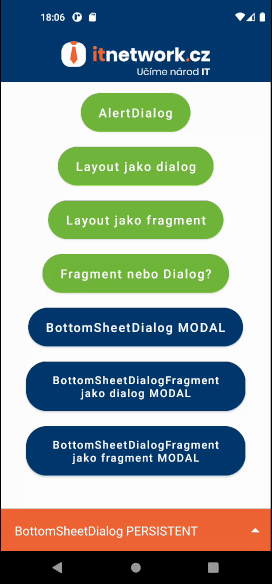 Ukázková aplikace doplněná o okno typu Persistent Bottom Sheet dialog