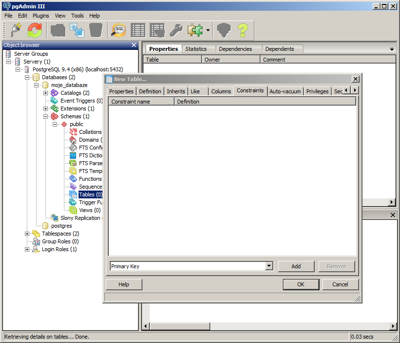 Constraints v&nbsp;pgAdmin