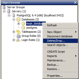 Odstranění PostgreSQL databáze v&nbsp;pgAdmin
