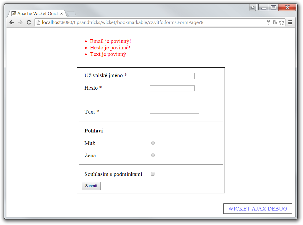formulář s výpisem do FeedbackPanel - Tipy a triky pro Wicket