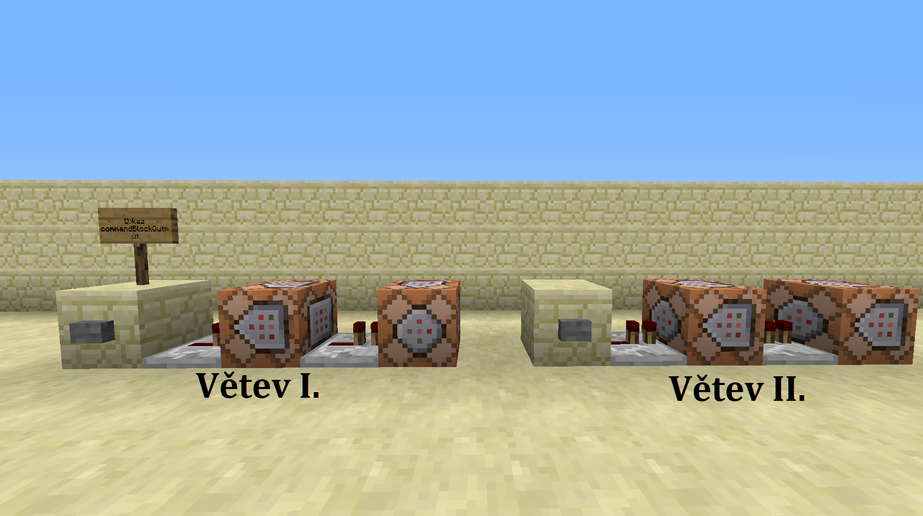 Zapojené command bloky ve dvou větvích pro důkaz pravidla - Programování v Minecraftu