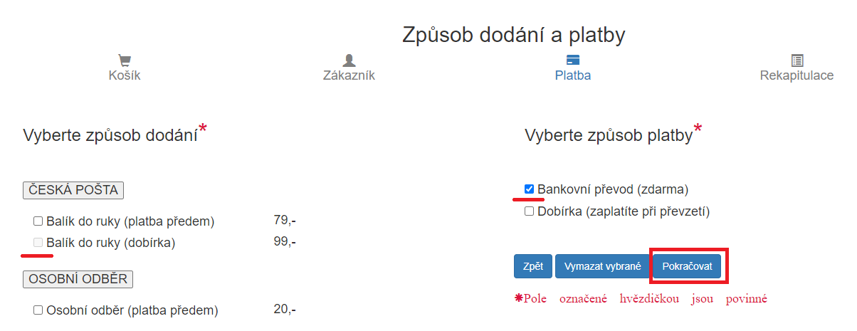 Výběr druhu dopravy a platby v Eshopu