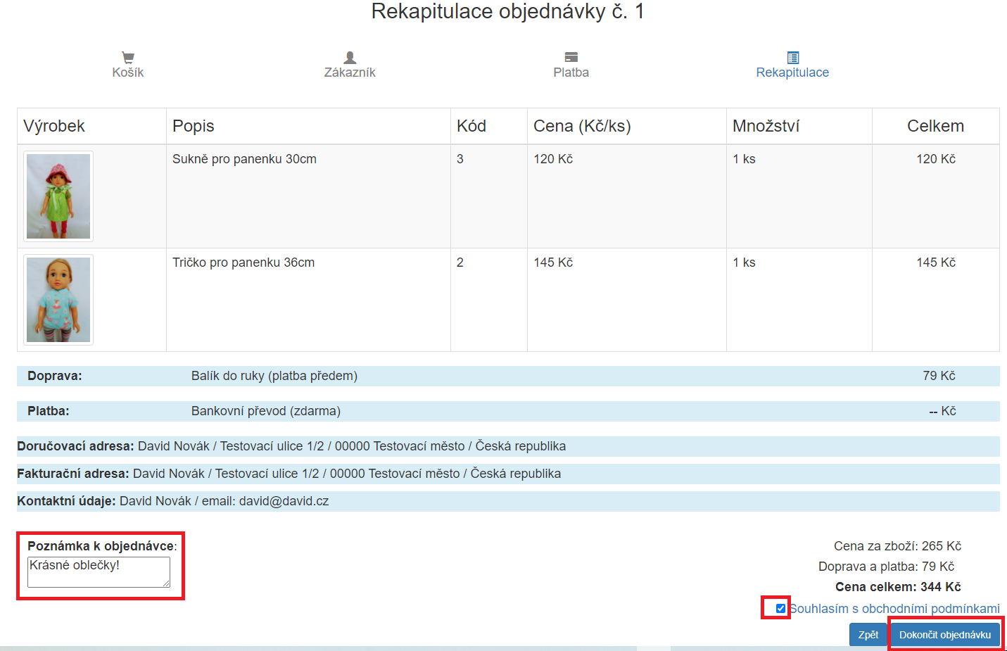 Rekapitulace objednávky v Eshopu