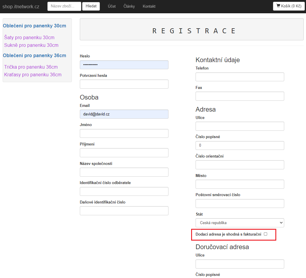Registrační formulář v Eshopu