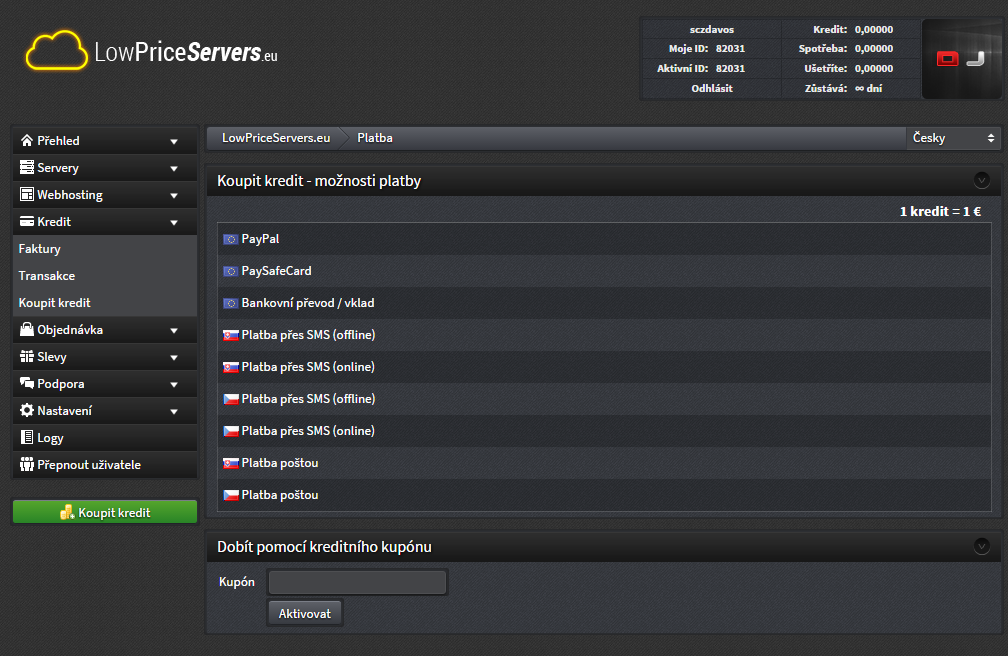 Dobití kreditů - Administrace VPS serverů