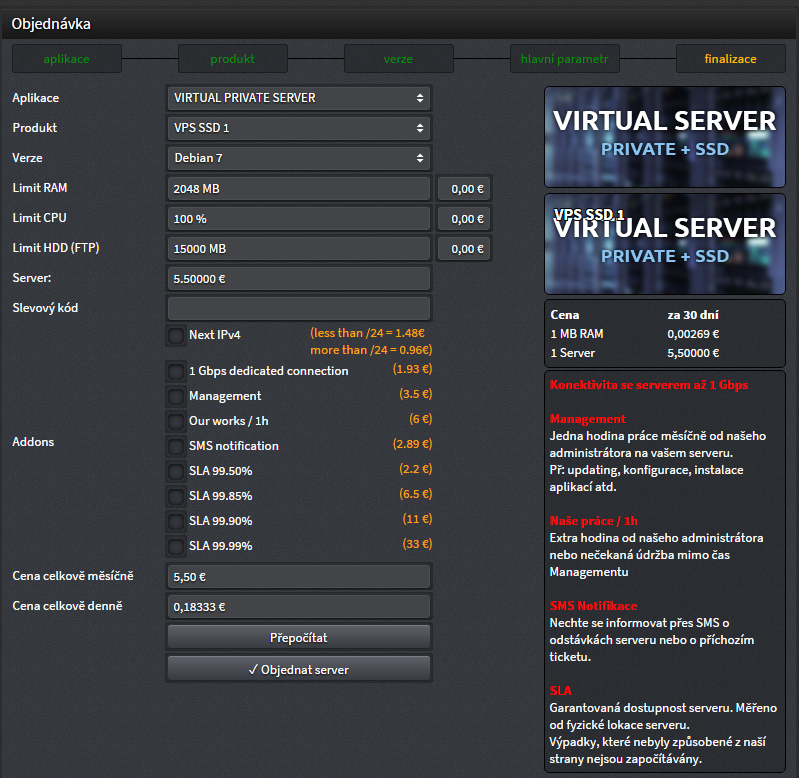 Objednání VPS souhrn - Administrace VPS serverů
