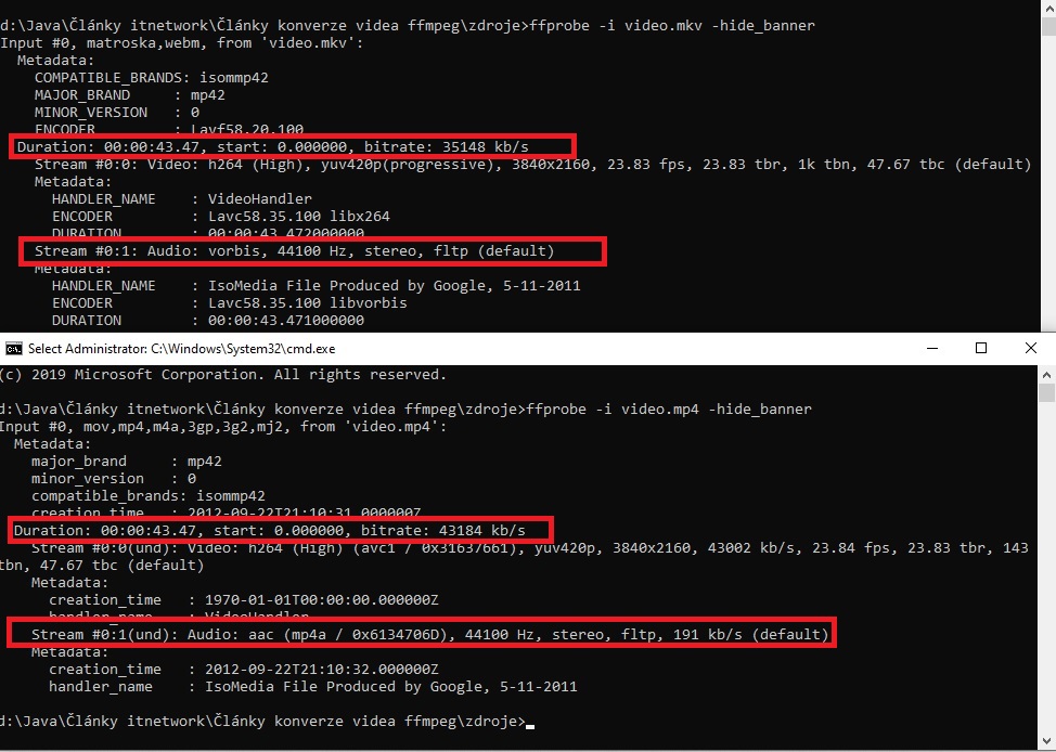 Porovnání vstupu a výstupu - Úprava audio a video souborů pomocí frameworku FFmpeg