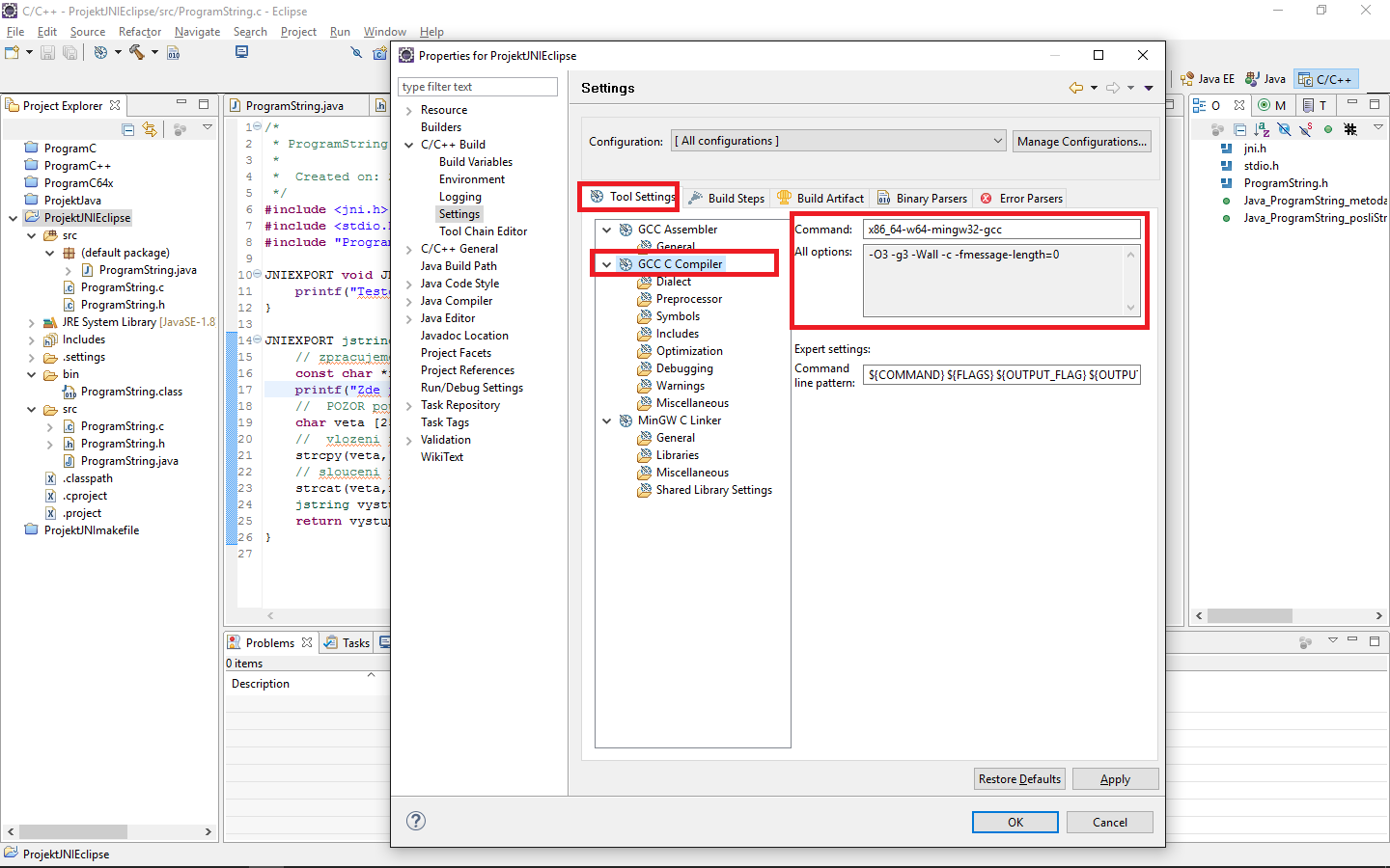 Nastavení kompilace - JNI - Java Native Interface