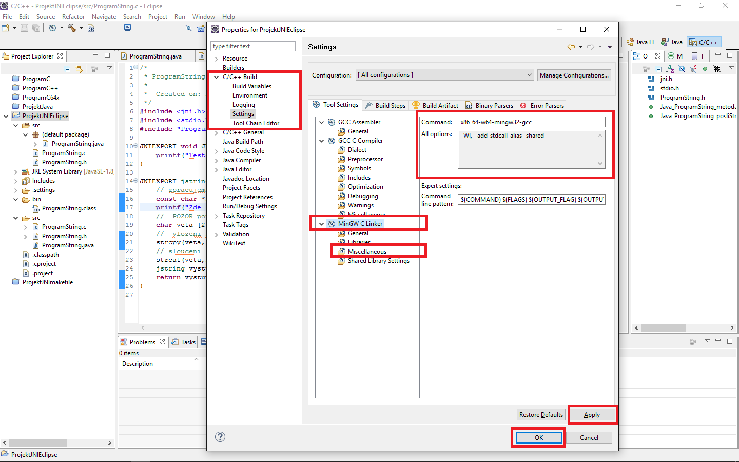 Nastavení linkeru - JNI - Java Native Interface