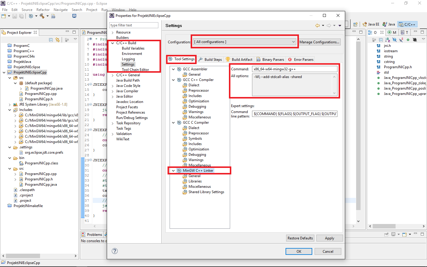 Nastavení linkeru C++ - JNI - Java Native Interface