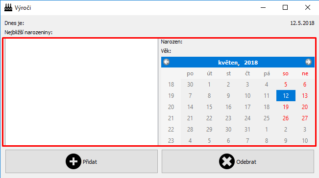 Prostřední část formuláře upomínače narozenin v Pythonu - PyQt - Okenní aplikace v Pythonu