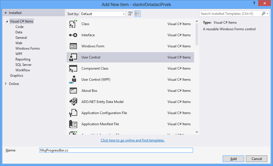 Add New Item – User Control - Windows Forms - Okenní aplikace v C# .NET