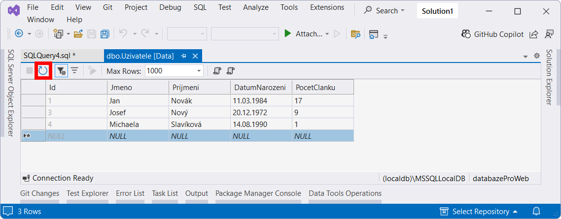 Tabulka po odstranění záznamu - MS-SQL databáze krok za krokem