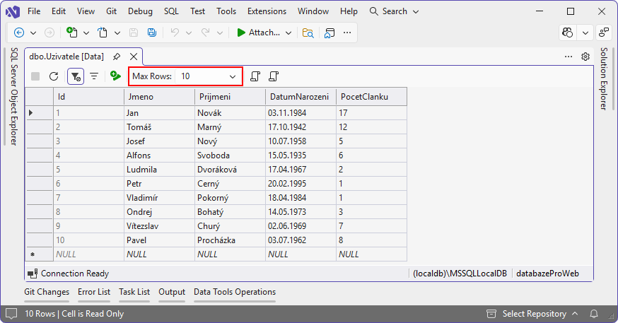 Max Rows - MS-SQL databáze krok za krokem