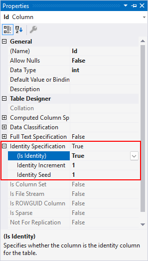 Identity v okně Properties - MS-SQL databáze krok za krokem