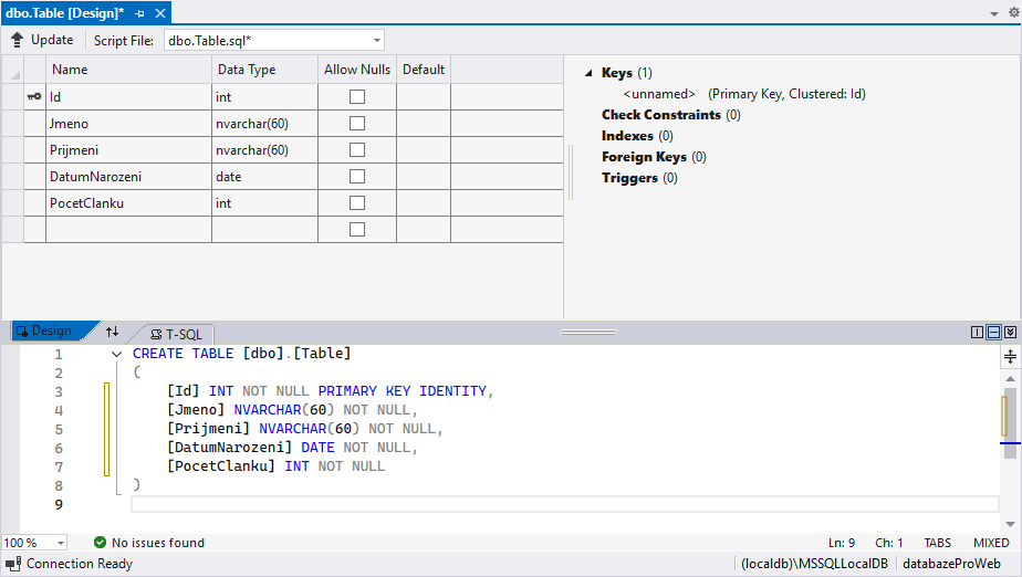 Aktuální podoba návrháře - MS-SQL databáze krok za krokem