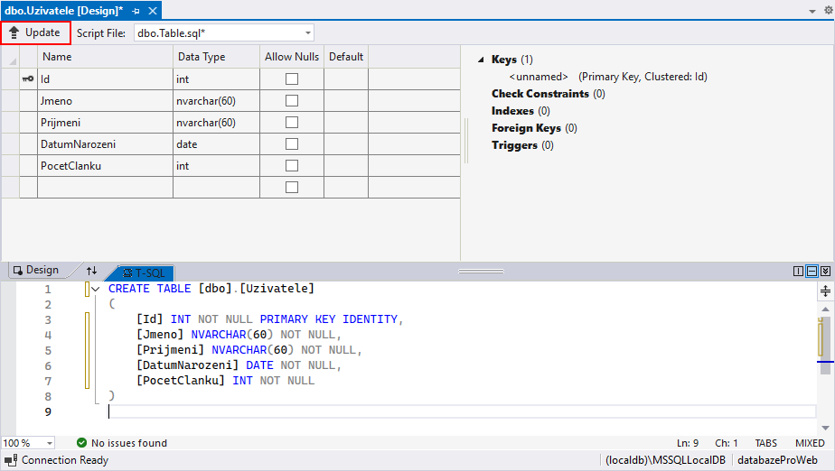 Tlačítko Update - MS-SQL databáze krok za krokem