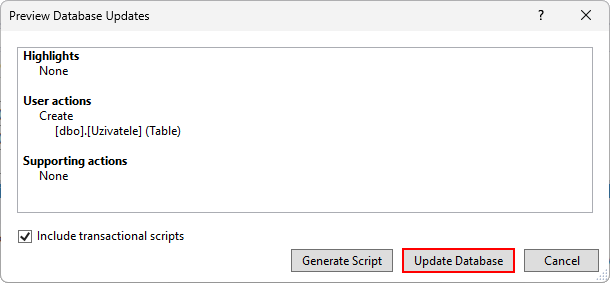 Dialog se souhrnem změn v databázi - MS-SQL databáze krok za krokem