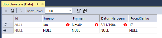 Designer – přidání řádku - MS-SQL databáze krok za krokem