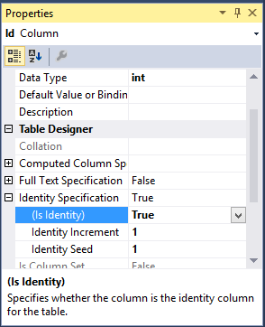 Okno properties – nastavení Identity - MS-SQL databáze krok za krokem